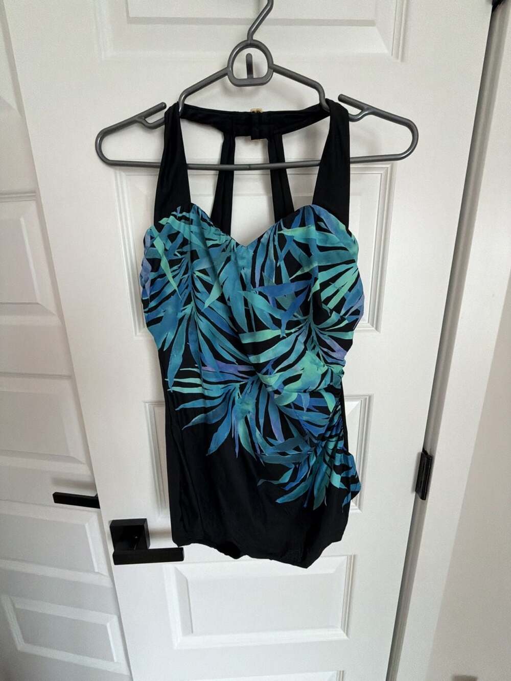 Lands' End Black and Blue Tropical Palm Print Tummy Control Tunic Swimsuit